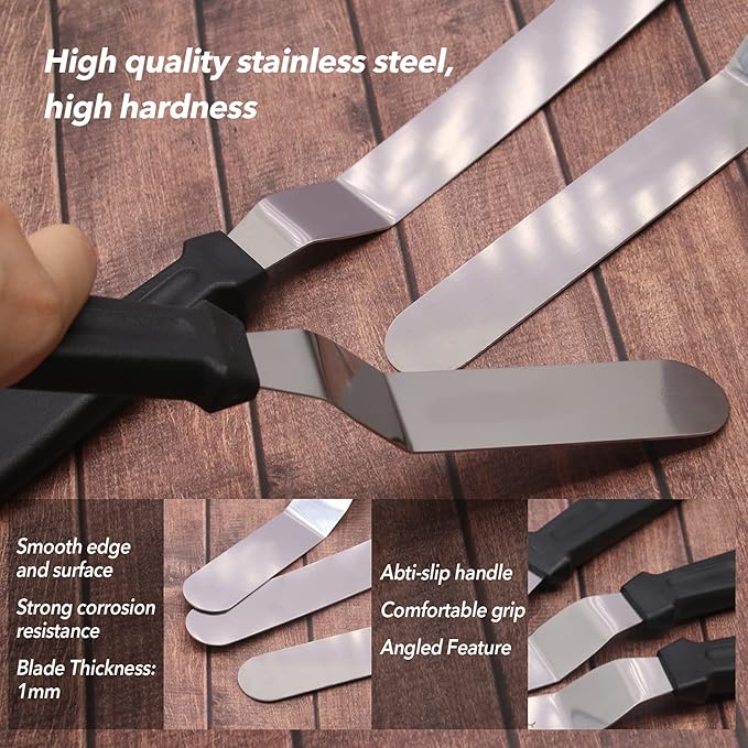 Offset Spatula Set with 3 Packs Cake Scrapers Smoother, Stainless Steel Angled Icing Spatula Cake Decorating Frosting Spatula Set with 6, 8, 10 inch Blades