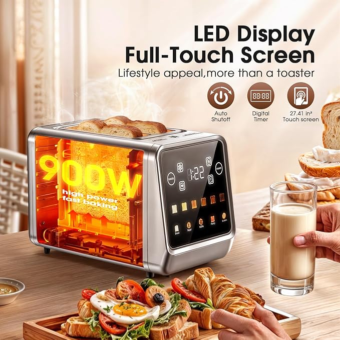 Toaster 2 Slice Wide Slot, Stainless Steel Digital Toasters Best Rated Prime, Touch Screen Toaster for 5 Bread Types/6 Shade Settings/Single Slot Toasting/Memory Function/Defrost/Reheat