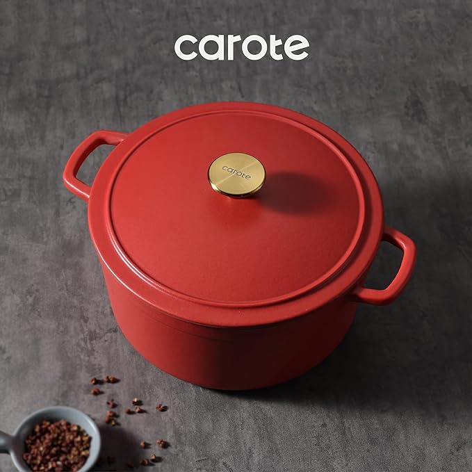 CAROTE 5QT Enameled Cast Iron Dutch Oven Pot with Lid, Heavy-Duty Dutch Oven for Sourdough Bread Baking, Braising, Stews, Roasting, Healthy & Non-Toxic, Dual Handles, All Stovetop Compatible, Oven Safe up to 500° F, Red