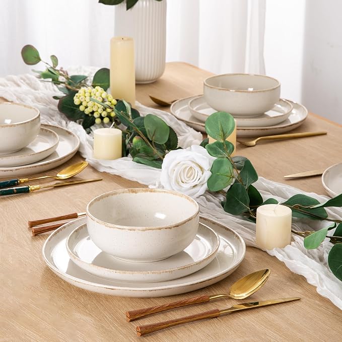AmorArc Ceramic Dinnerware Sets, Wavy Rim Stoneware Plates and Bowls Sets, Highly Scratch Resistant | Dishwasher & Microwave Dishes set, Service for 6 (18pc)-Speckled Cappuccino