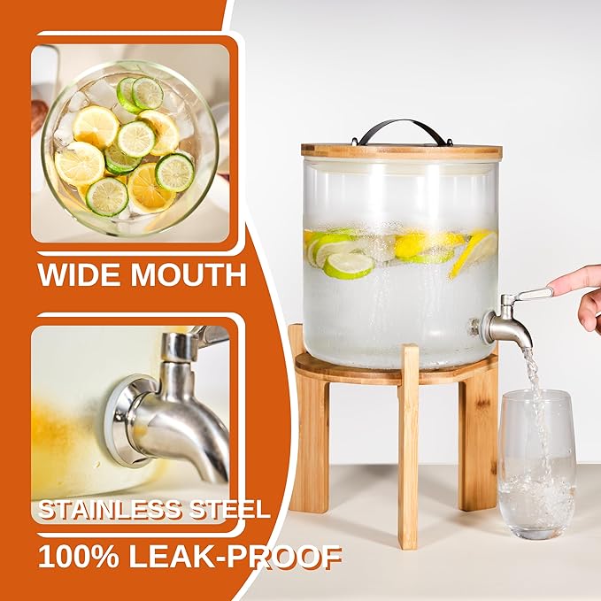 Glass Beverage Dispenser with Bamboo Stand 6.7 In and Lid, Iced 1.5 Gallon Drink Server with Spigot, Large Thick Glass Drink Dispenser for Parties, Hotels, Restaurants, Homes