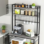 Shintenchi Bakers Rack with Power Outlet, Large Storage Space, 10 Hooks Coffee Bar with Metal Wire Panel, High Microwave Stand, Classic Kitchen Storage Shelf Design, Grey