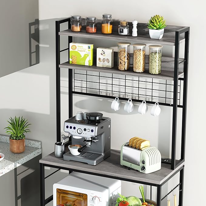 Shintenchi Bakers Rack with Power Outlet, Large Storage Space, 10 Hooks Coffee Bar with Metal Wire Panel, High Microwave Stand, Classic Kitchen Storage Shelf Design, Grey