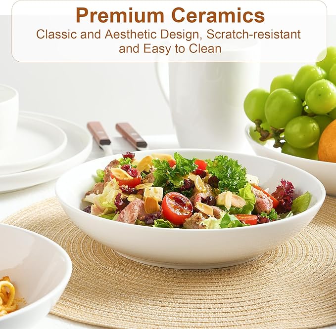 Jassceram 8.5inch Pasta Bowls Set of 6, 36 OZ Salad Plates,Ceramic Serving Bowls for Soup,Noodle,Deep Enough for Kitchen and Dining, Microwave,Oven and Dishwasher Safe,Off White