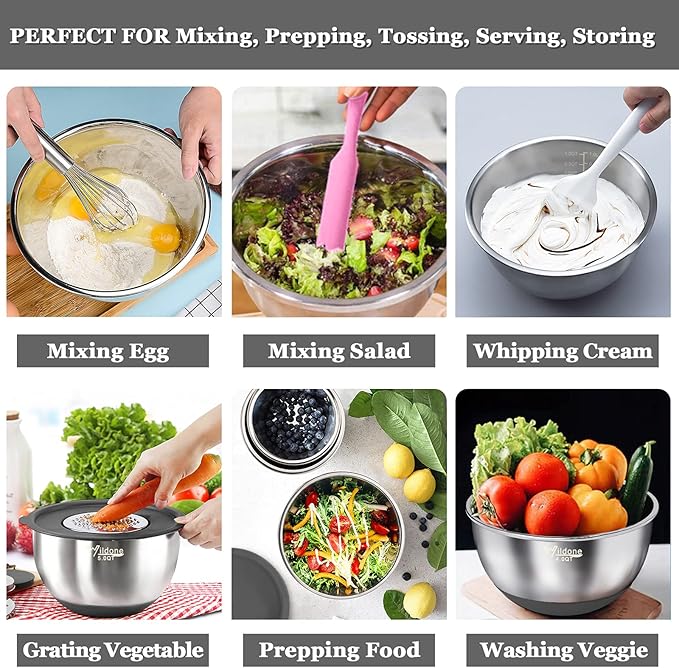 Wildone Mixing Bowls with Airtight Lids, 22 PCS Stainless Steel Mixing Bowls Set, 3 Grater Attachments, Measurement Marks & Non-Slip Bottom, Size 5, 4, 3, 2,1.5, 0.63QT, Ideal for Mixing & Prepping