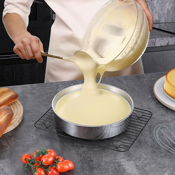 LIANYU Cake Pans 9 Inch Round, Stainless Steel Round Wedding Birthday Cake Pan, Metal Baking Tin Oven Pan for Layer Cake Brownie Lasagna, Leak Proof, Dishwasher & Pot Safe