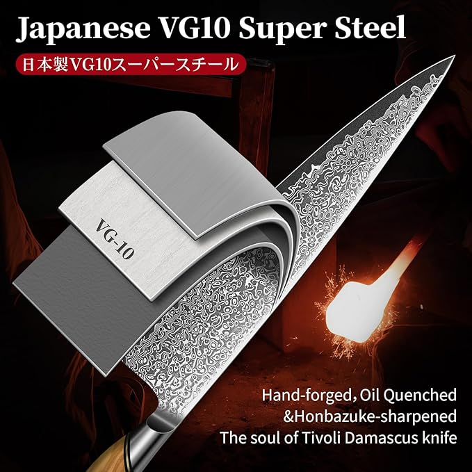 TIVOLI Japanese Gyuto Knife 10 Inch– VG-10 Damascus Chef Knife with Razor Sharp Blade and Ergonomic Olive Wood Handle, Ideal for Meat, Vegetables & Daily Cooking