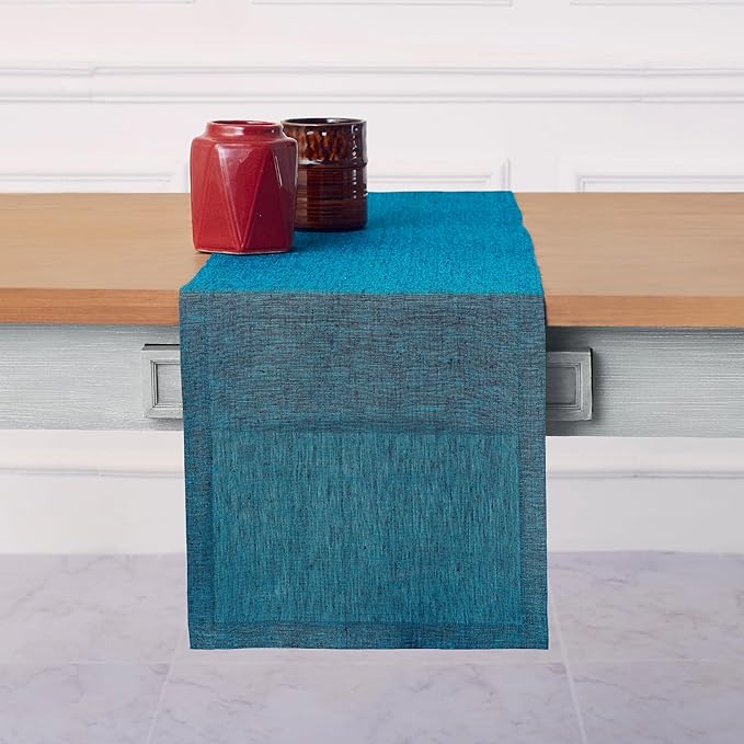Solino Home Linen Small Table Runner 48 Inches - Athena, 100% Pure Linen Chambray Teal Table Runner 14 x 48 Inch Ideal for Dresser and Coffee Tables - Fall, Autumn