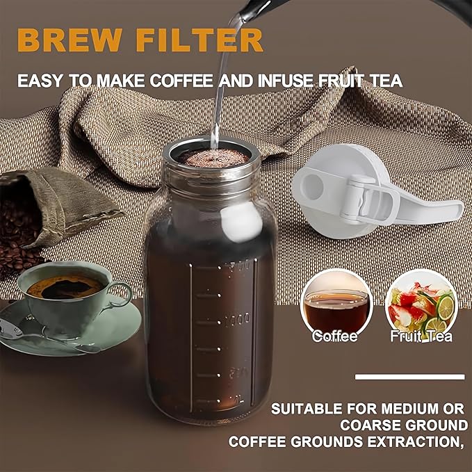 Cold Brew Coffee Maker Jar - 64oz Thick Glass Multipurpose Mason Pitcher Spout Lid with Handle & Stainless Steel Filter for Iced Coffee, Lemonade, Ice Tea, Homemade Fruit Drinks Container