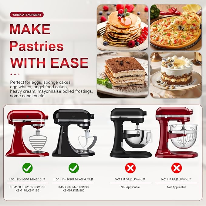 6-Wire Whip Attachment Fits KitchenAid Tilt-Head Stand Mixer Replace K45WW, Stainless Steel, Egg Heavy Cream Beater, Cakes Mayonnaise Whisk (All Stainless Steel)