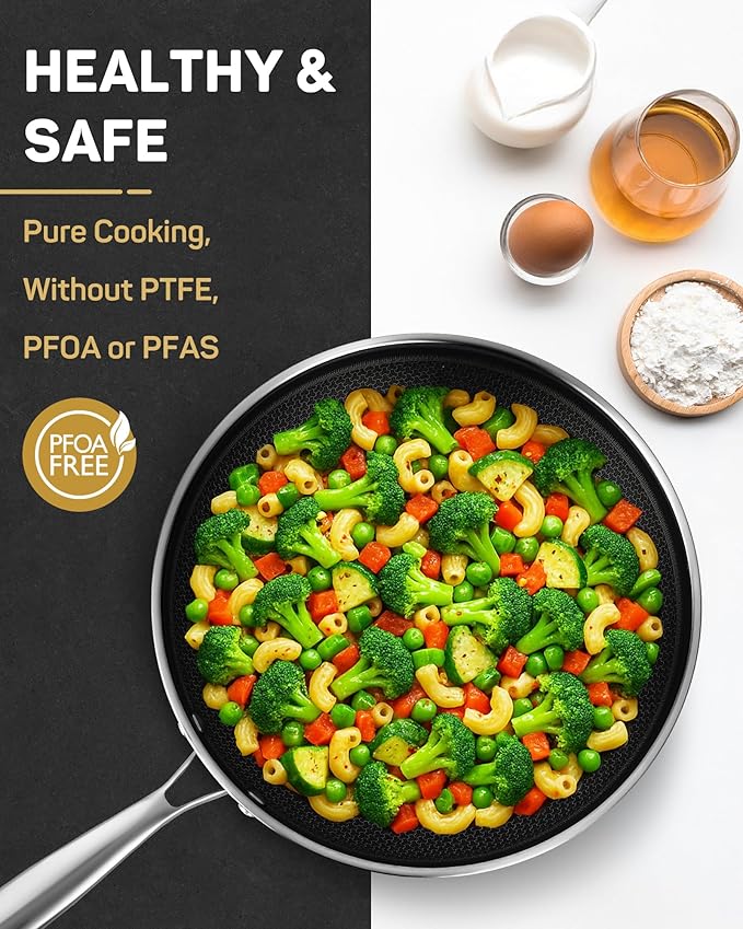 Stainless Steel Nonstick Frying Pan, Hybrid Ceramic 12-Inch Frying Pans, Stay-Cool Handle, PFAS & PFOA PTFE Free, Dishwasher & Oven Safe, Scratch-Resistant, Compatible with Induction & All Cooktops