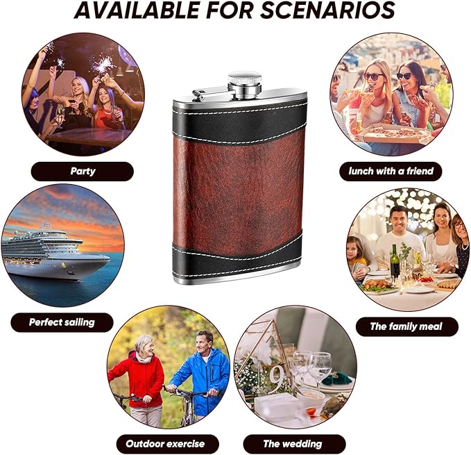 Rtteri 6 Set 8 oz Leather Hip Flasks for Liquor for Men Leak Proof Stainless Steel Drinking Flasks with Funnel Soft Wrap Whiskey Vessels for Wedding Bridesmaid Christmas Gifts (Brown)