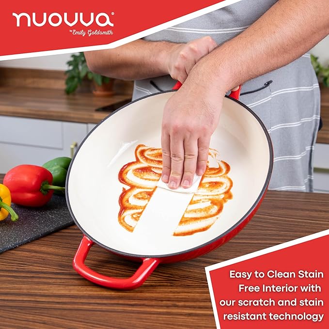 Shallow Cast Iron Casserole with Lid – Non Stick Dutch Oven Pot, Oven Safe up to 500° F – Sturdy Ovenproof Stockpot Cookware – Enamelled Cooking Pot – Red, 5-Quart, 32cm – by Nuovva