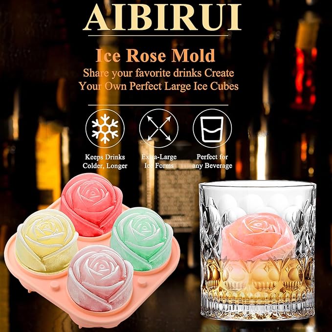 Whiskey Ice Cubes Mold,Rose Gift Ball Ice Maker Mold,8 Ice,Fun Shapes 2in,Silicone Ice Cube Tray for Birthday Christmas Party,Fun Accessories for Gift,Rose Ice Cube Mold for Cocktails,Bourbon