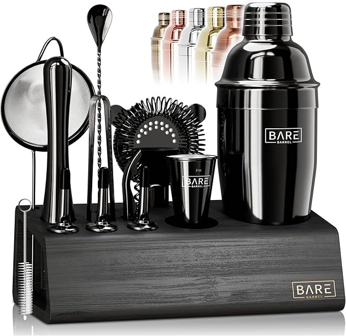 BARE BARREL® Mixology Bartender Kit Bar Set | 14-Piece Cocktail Shaker Set | Martini Barware Mixing Tools for Home Bartending | Incl. 35 Recipe Cards | Gift Set (24oz Cobbler Shaker, Jet Black/Black)