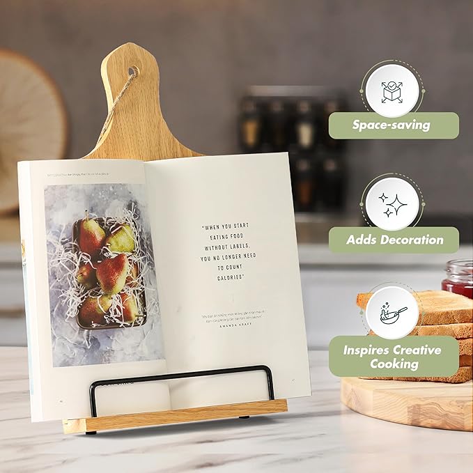 Cookbook Stand, Rustic Wood Cookbook Holder Cutting Board Style, Adjustable Recipe Ipad Tablet Book Holder and Stand for Kitchen with Anti-Slip Kickstand (Natural Conversion Chart)