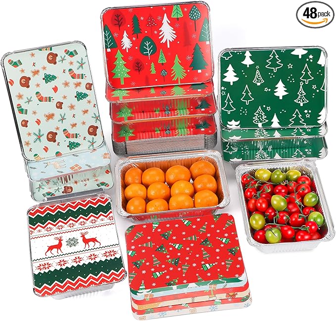 Atonofun 48 Pieces Christmas Foil Containers with Lids, 8 Holiday Designs, Holiday Food Containers, Disposable Cookie Tin Pan for Holiday Leftovers, Xmas Gift-Giving Party Supplies
