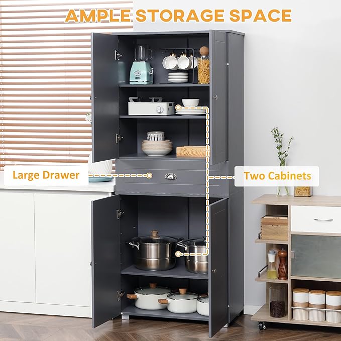 HOMCOM 72" Freestanding Kitchen Pantry Cabinet, Tall Storage Cabinet with 4 Doors, Drawer and Adjustable Shelves for Dining Room, Gray