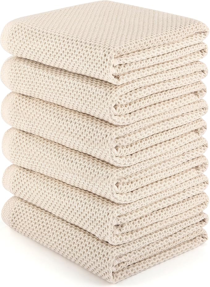 Large Kitchen Hand Towels,6 Pack Cotton Waffle Weave Dish Towel for Drying, Cleaning Cloth for Kitchen Dishes - Extra Absorbent and Soft - 16 x 28 inch (Cream-6 Pack)