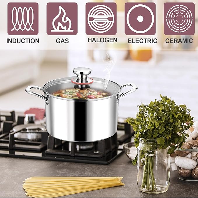 LIANYU 6QT 18/10 Stainless Steel Stockpot with Lid, Tri-Ply Heavy Duty Soup Cooking Pasta Canning Pot, 6 Quart Boiling Strew Simmer Induction Pot, Dishwasher Safe Cookware