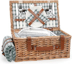 Wicker Picnic Basket Set for 2 Persons with Waterproof Picnic Blanket and Large Insulated Cooler Compartment, Willow Picnic Hamper Basket with Cutlery Service Kits for Camping, Wedding (Red)