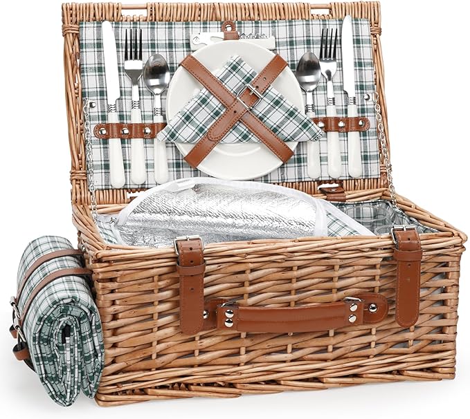 Wicker Picnic Basket Set for 2 Persons with Waterproof Picnic Blanket and Large Insulated Cooler Compartment, Willow Picnic Hamper Basket with Cutlery Service Kits for Camping, Wedding (Red)