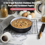 E-far 6 Inch Cake Pans Set of 2, Nonstick Stainless Steel Small Round Baking Pans with Parchment Paper & Side Liner Roll, Stainless Steel Core & Non-toxic Coating, Straight Side & 2 Inch Deep