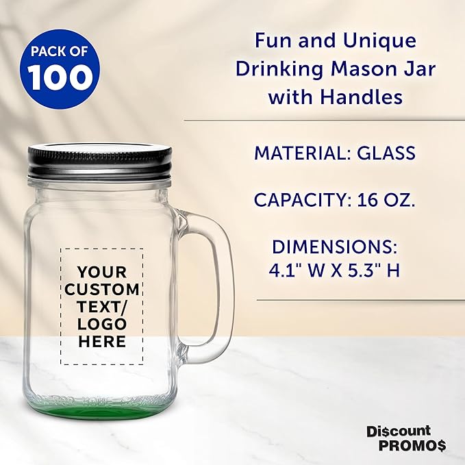 DISCOUNT PROMOS Custom Libbey Handle Mason Jars w/Lids 16 oz. Set of 100, Personalized Bulk Pack - Traditional style, High standard - Green