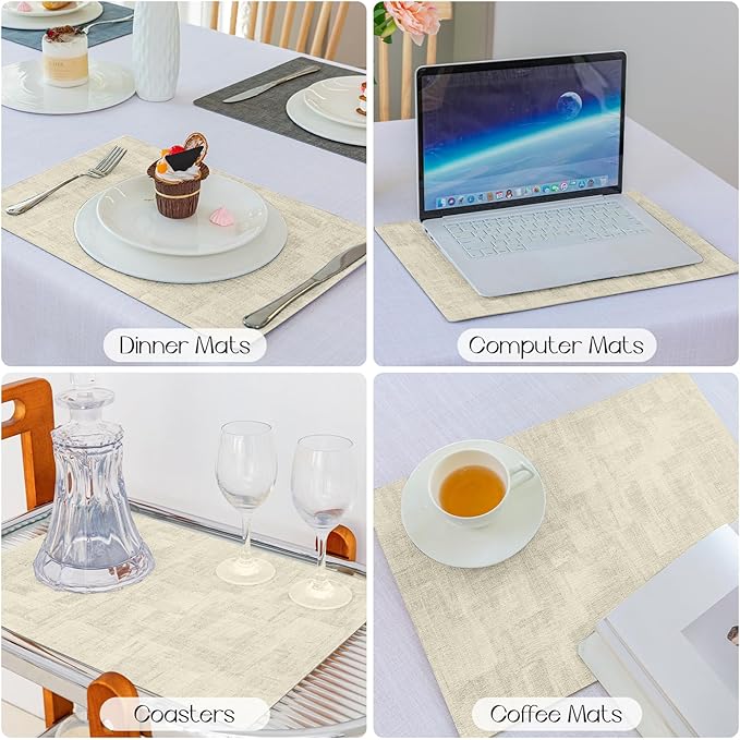 Romanstile Reversible Vinyl Placemats Set of 6, Faux Leather 100% Waterproof Oil-Proof Wipeable Place Mats, Heat Resistant Dual Sided Table Mats for Kitchen/Dining/Party (Grey Beige, 12 x 17 Inch)