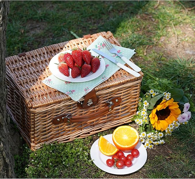 Wicker Picnic Basket for 2, Handmade Willow Hamper Basket Sets 2 Person Picnic Basket with Utensils Cutlery Perfect for Picnic, Camping