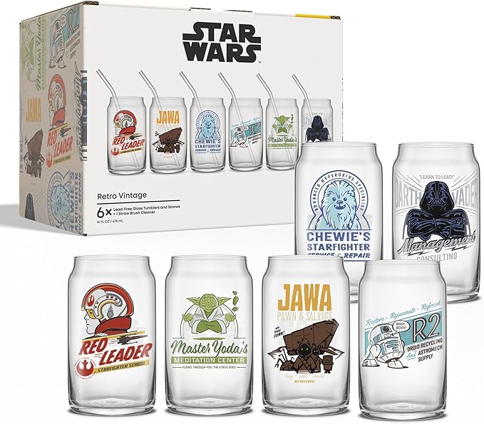 JoyJolt Star Wars Retro Vintage Collection 16.9oz Glass Tumblers - Featuring Darth Vader, R2D2, Yoda, Chewbacca, Red Leader, Jawa - Original Trilogy Drinkware, Set of 6 with Glass Straws