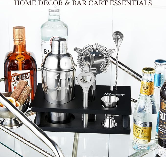 KITESSENSU Cocktail Shaker Set Bartender Kit, 6-Piece Silver Bar Set with Stand, Bar kit with Essential Bar Accessory Tools: Martini Shaker, Jigger, Strainer, Bar Spoon, Tongs, Opener