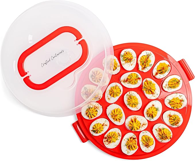 Classy Deviled Egg Carrier with Lid & Handles - Tray Platter for Holidays, Parties - Portable Container for 22 Eggs - Dishwasher-Friendly - Red