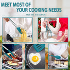 Silicone Cooking Utensils Set, E-far 14-Piece Blue Kitchen Utensils Set with Holder, Kitchen Tools Spatulas with Stainless Steel Handle for Non-stick Cookware, Heat Resistant & Dishwasher safe