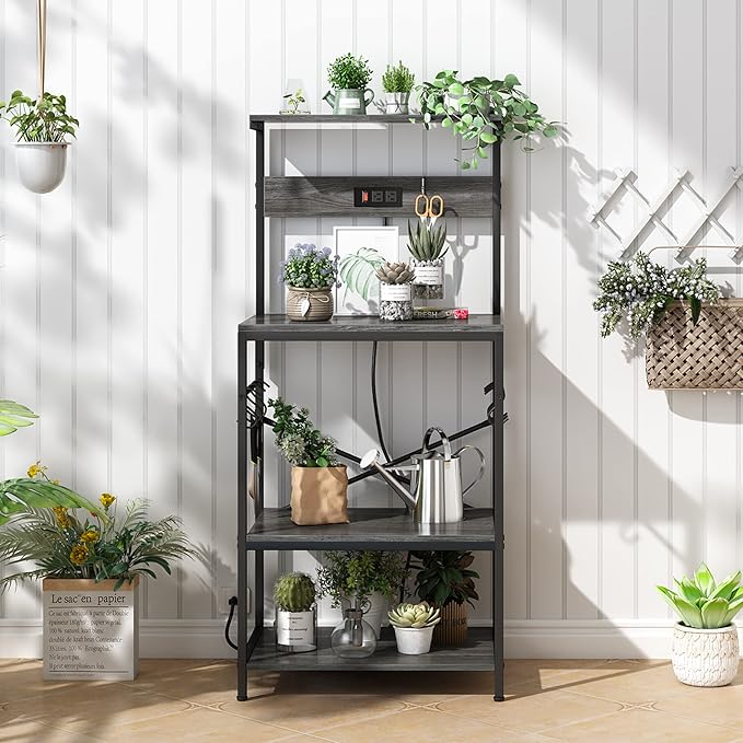 SUPERJARE Kitchen Bakers Rack with Power Outlet, Coffee Bar Table 4 Tiers, Kitchen Microwave Stand with 6 S-Shaped Hooks, Storage Shelf Rack for Spices, Pots and Pans - Charcoal Gray