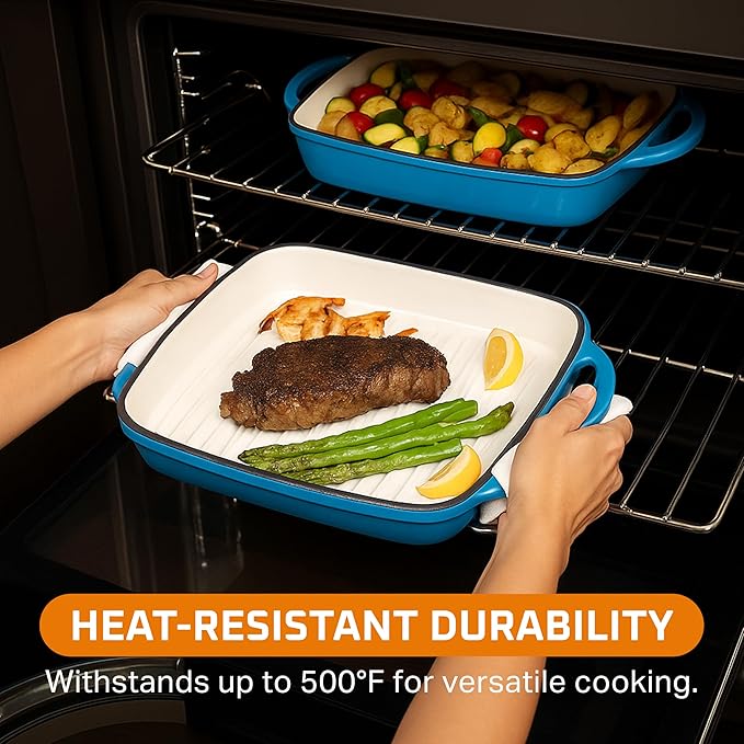 Bruntmor 2-in-1 Square Dutch Oven Casserole Dish with Lid, Dual Handles and Grill Pan for Baking, Braising and Grilling - Durable All-in-One Enameled Cast Iron Cookware Set for Kitchen, Whale Blue