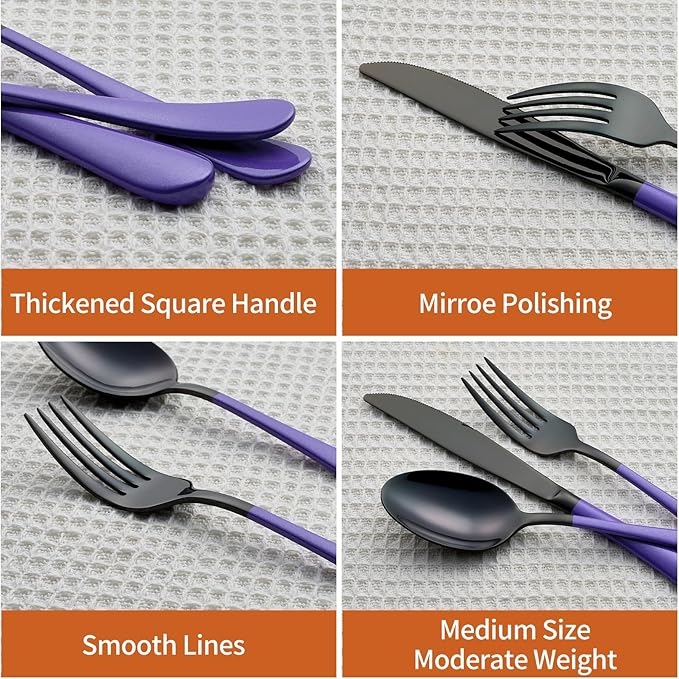 20 Piece Black and Purple 18/0 Flatware Utensil Set for 4, Include Dinner Knife,Dinner Forks,Dinner Spoons,Salad Forks,Teaspoons,Silverware Set for 4, Dishwasher Safe