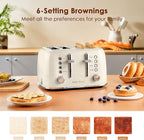 Roter Mond Toaster 4 Slice Retro Stainless Steel with Extra Wide Slots Bagel, Defrost, Reheat Function, Dual Independent Control Panel, Removable Crumb Tray, 6 Browning Levels, Cream White