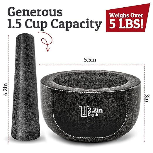 Priority Chef Heavy Duty Mortar and Pestle Set, 1.5 Cup, 100% Granite, Non Slip Base, Make Fresh Guacamole, Salsa, Pesto, Stone Grinder Bowl, Herb Crusher, Spice Grinder, 5.5 Inch - Black
