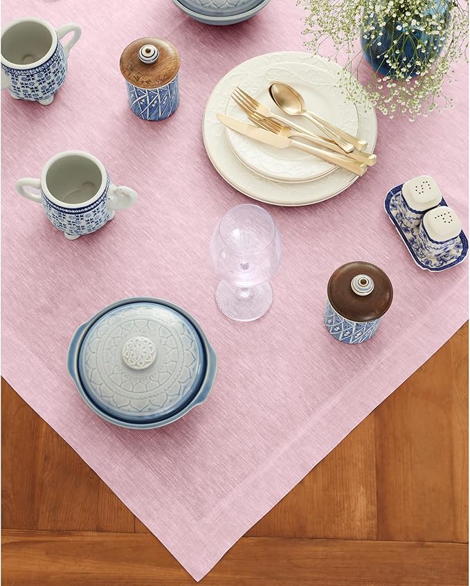Solino Home Linen Tablecloth 52 x 52 Inch - 100% Pure Linen Square Table Throw - Athena, Machine Washable Bubblegum Pink Tablecloth for Summer, Halloween