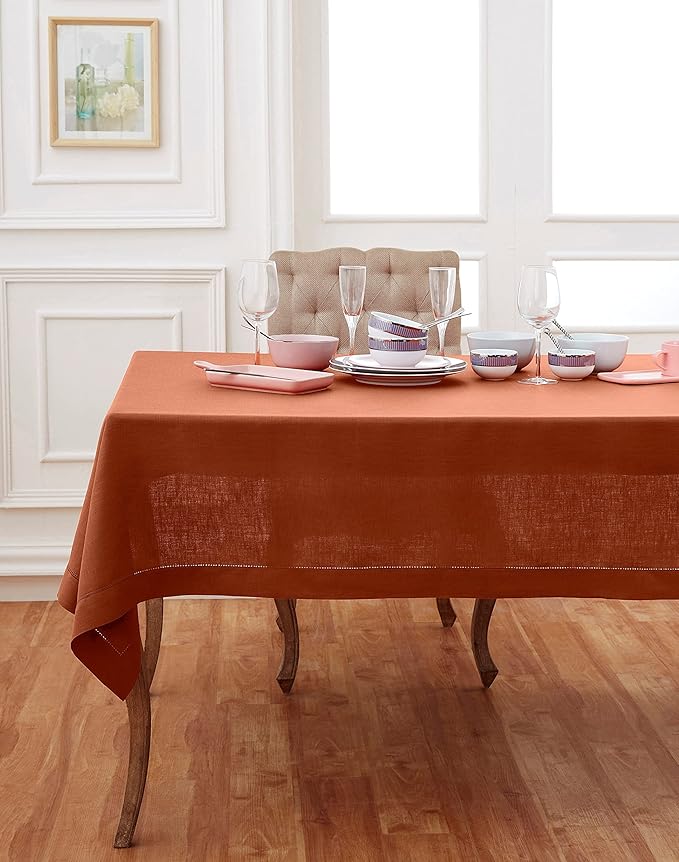 Solino Home Linen Cinnamon Tablecloth 60 x 108 Inch - Classic Hemstitch, 100% Pure Linen Rectangular Tablecloth - Machine Washable Table Cloth for Fall, Autumn, Halloween