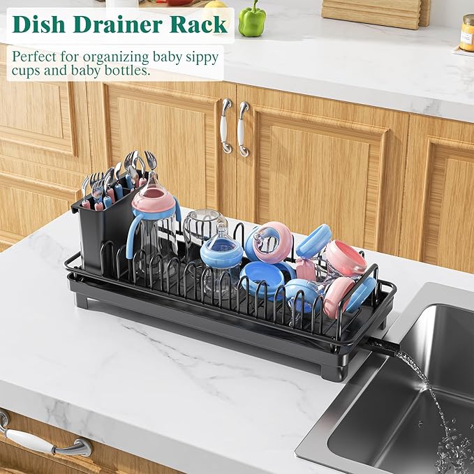 Small Sink Dish Drying Rack with Drainboard, Compact Dish Drainer for Kitchen Countertop, Rustproof Plate Organizer with Utensil Holder, Black
