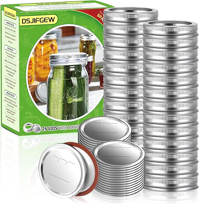 52Pcs Wide Mouth Canning Lids, Rings for Ball & Kerr Mason Jar Lids with Bands - Food Grade with Silicone Airtight Seal Split-Type Metal Large Ball Lids