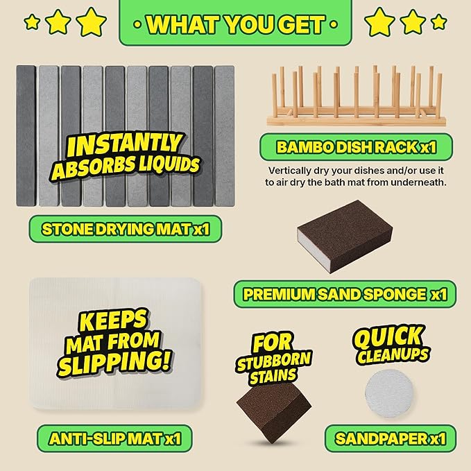 MHM Stone Dish Drying Mat – Volcanic Diatomaceous Earth from Changbai Mountains – Fast-Absorbing, Heat Resistant, Bamboo Rack Included – Eco-Friendly, Minimal Kitchen Drying Mat