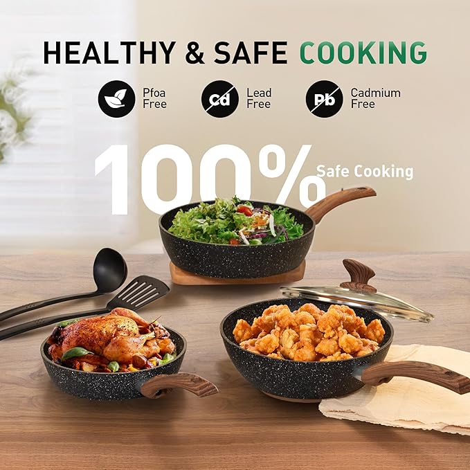 DishDelight Induction Pots and Pans Set Non Stick, 12 Piece Nonstick Kitchen Cookware Sets, Nonstick Granite Cooking Set Induction Pots and Pans, Induction Cookware Sets with Frying Pans, Black