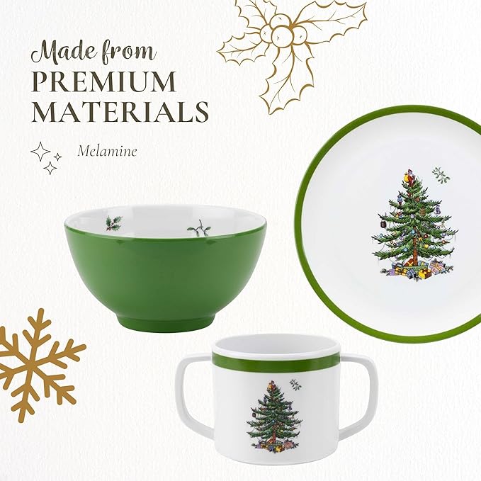 Spode Christmas Tree 3-Piece Melamine Dinnerware Set - 8" Plate, 5" Bowl, 10 Oz Mug - Festive & Durable Holiday Collection for Kids - Christmas Tableware with Classic Tree Motif, Dishwasher Safe