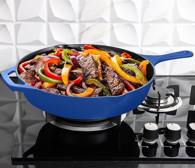 Utopia Kitchen Saute Frying Pan 12 Inch, Cast Iron Chefs Pan, Pre Seasoned Cast iron Skillet With Lid, Safe Grill Cookware for Indoor & Outdoor Use, Blue