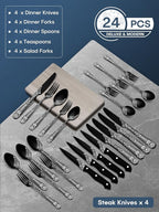 EUIRIO 24 Pieces Black Silverware Set with Steak Knives, Stainless Steel Flatware Set for 4, Black Cutlery Utensils Set, Include Spoons Forks Knives, Mirror Polished, Dishwasher Safe