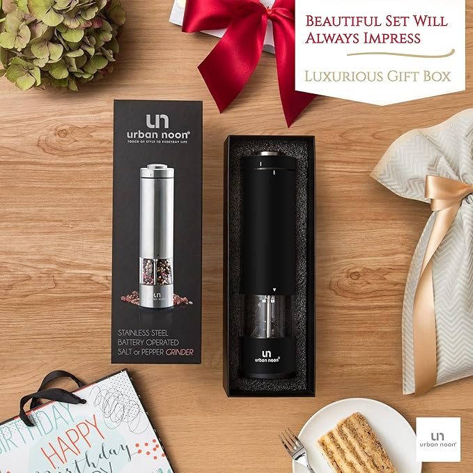 Electric Salt and Pepper Grinder - Battery Operated Stainless Steel Pepper Mill with Light (Black) - Automatic One Handed Operation - Electronic Adjustable Shaker - Ceramic Grinder