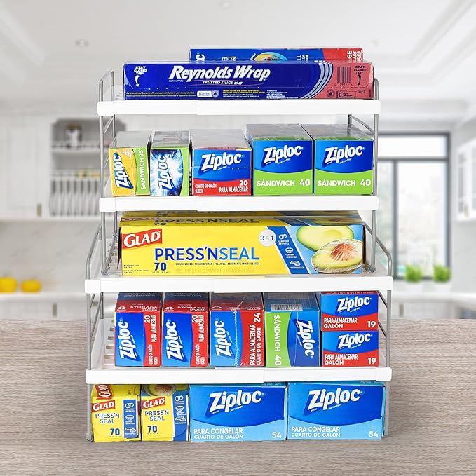 2 Pack Expandable Kitchen Wrap Organizer Rack, Height & Width Adjustable Aluminum Foil and Plastic Wrap Organizer for Pantry, Cabinet Food Wrap Organization and Storage - (3 Tier 9.8 to 15.6"L)